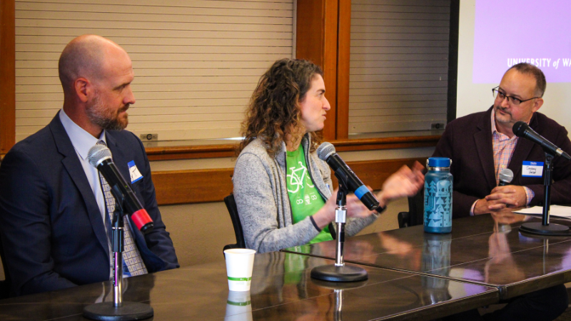 From left to right: Casey Paus the Director of Sustainability Branding at Stryker, Dr. Elizabeth Hansen, Pediatric Anesthesiologist and Assistant Professor at Seattle Children's Hospital & UW Medicine, and Dr. Jeremy Hess, Professor, Emergency Medicine, and Director of UW Center for Health and the Global En    