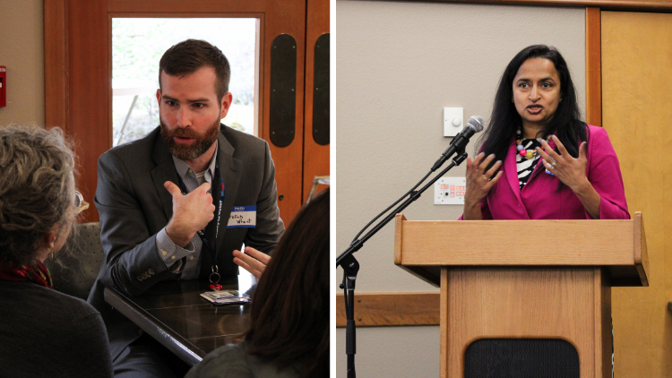 Dr. Stefan Wheat (left) holds a break out session. (Right) Dr. Aparna Bole gives her keynote address.  