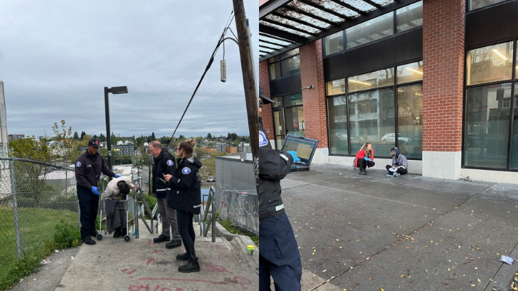 Two photos side by side showing the Health 99 team helping people on the streets of Seattle