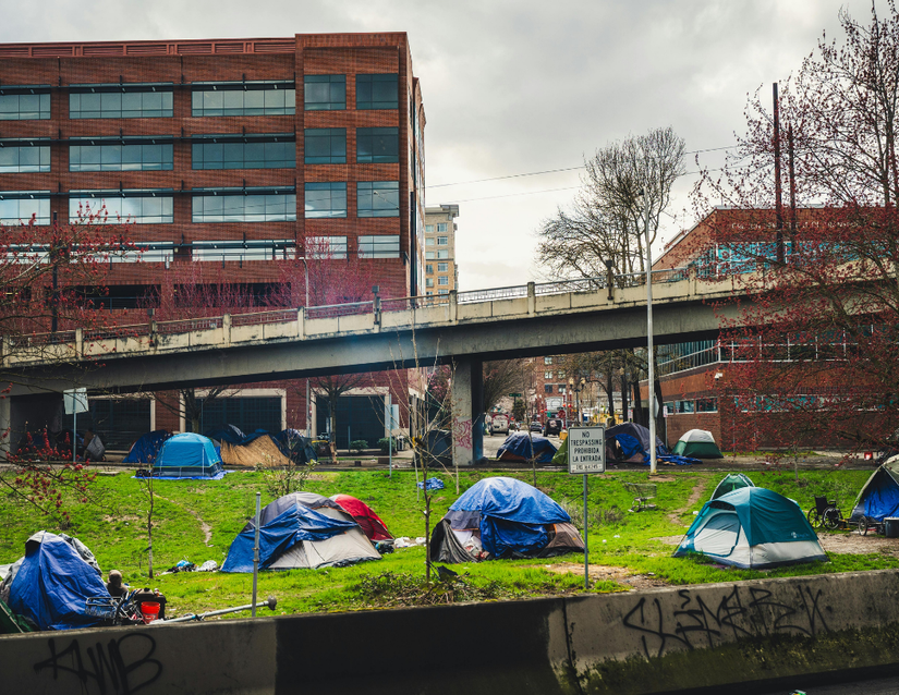 Homeless tents next to the highway in Oregon