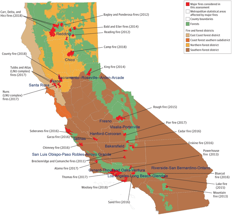 Map of plot points showing where major fires were in the state of california and what year they occured in.
