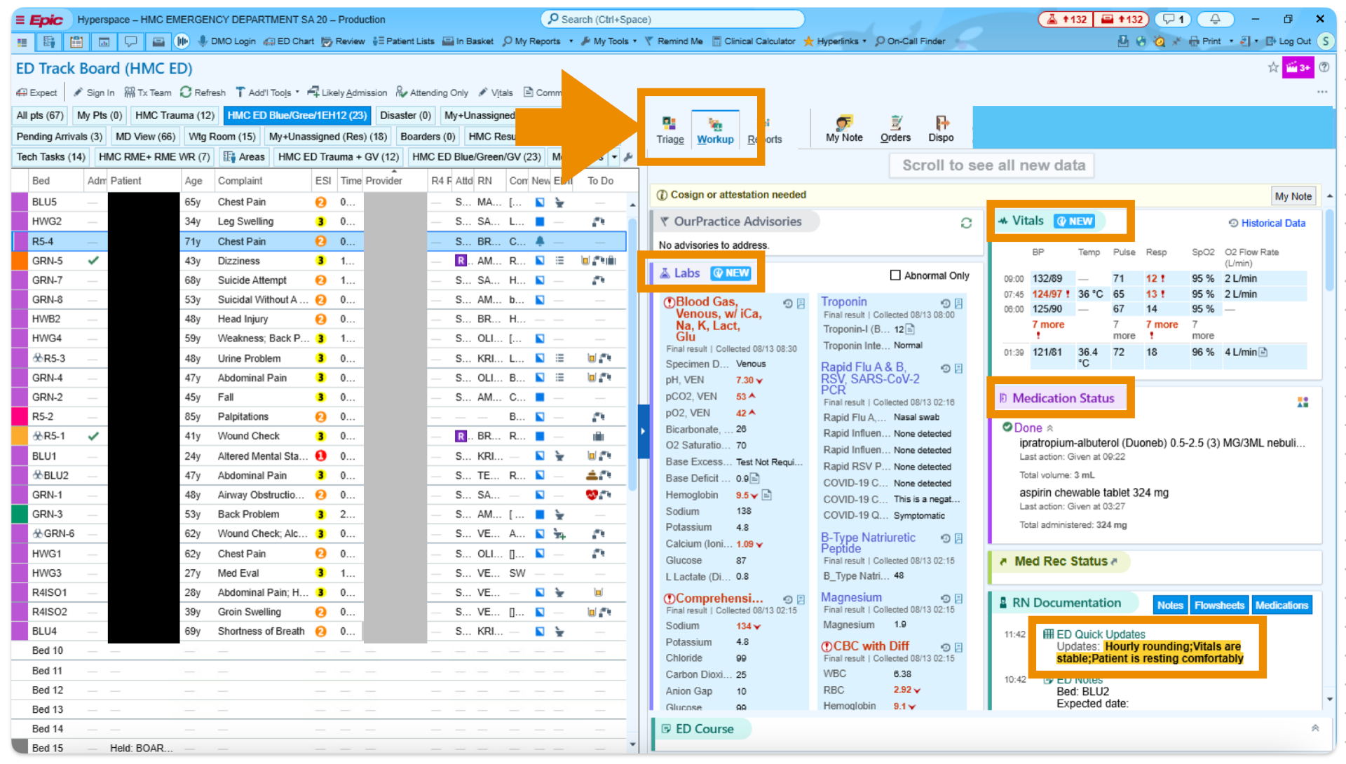 Also in the split view, the Workup tab is helpful to look at lab/imaging results, medications, and nursing notes in real time.