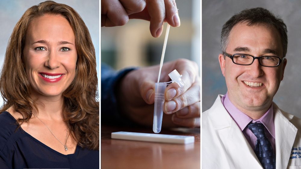 Dr. Kelli O'Laughlin's headshot, a hand taking a covid-19 test, and Dr. Graham Nichol's headshot