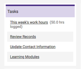 An example from ShiftMed of the Tasks section. The photo highlights the 'this weeks work hours' option.